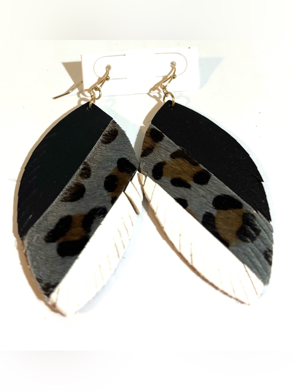 Leather Feather Drop Earrings in Black, Gray, Cream - Animal Print Accent